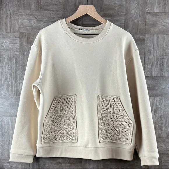 ZARA Women’s Light Beige Round Neck Sweatshirt Tricot Patch Pockets Size Medium - Picture 6 of 15